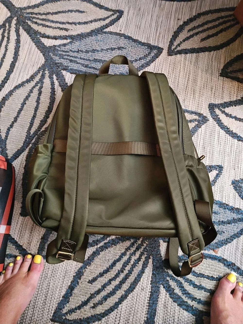 Rachel Zoe Green Backpack with Gold Logo Plaque